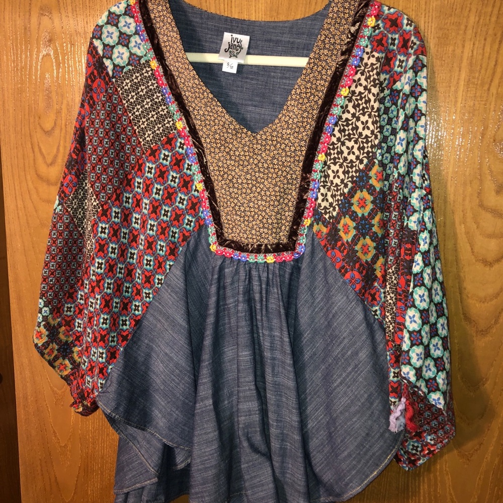 Sz S / M Ivy Jane Patchwork Print Chambray Boho Shirt